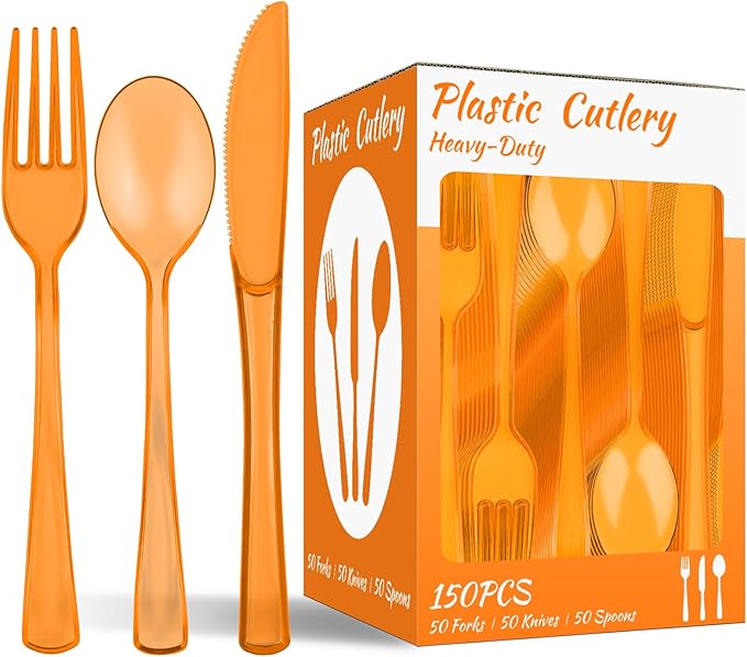 150 PCS Plastic Silverware Disposable Silverware Heavy Duty Utensil Sets 50 Of Each Forks Knives & Spoons Disposable Cutlery Set For Easter,Birthday,Baby Shower,Garden Party,Wedding(150,Orange)