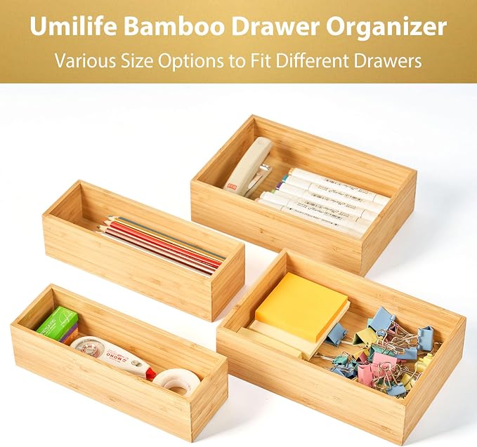 Umilife Bamboo Kitchen Drawer Organizer, Extra High Silverware Tray, Flatware Cutlery Storage Box, Multi-Use Holder in Office, Bathroom, Pantry - 12"x3"x2.5" (Set of 2)