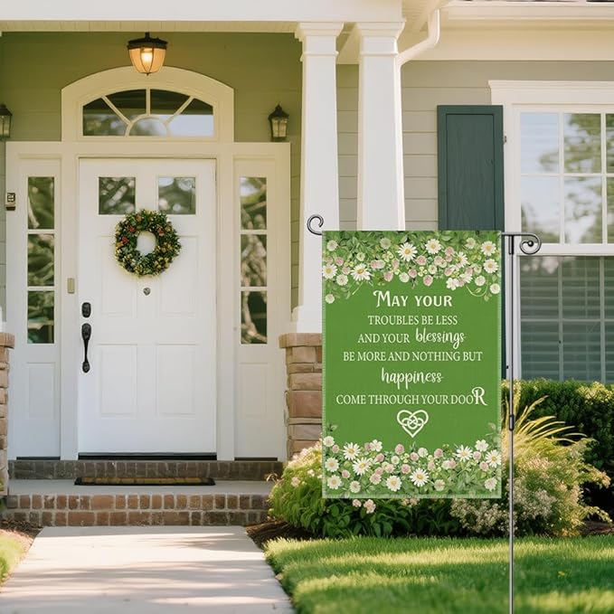 May Your Troubles Be Less and Your Blessings Be More Funny Garden Flag for Outside, Inspirational Irish Blessing Yard Banner, Green Floral Spring Welcome Farmhouse Home Holiday Outdoor Decor
