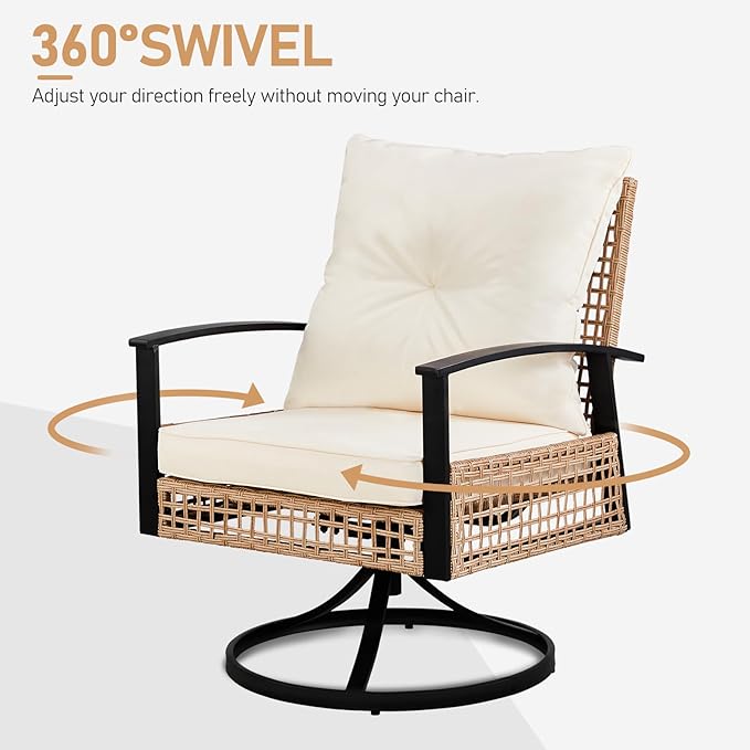VINGLI 3 Pieces Outdoor Swivel Rocker Patio Chairs, Wicker Patio Bistro Set with 2 Rocking Chairs and 1 Coffee Table, Patio Furniture Set with Thickened Cushions for Porch Backyard Poolside