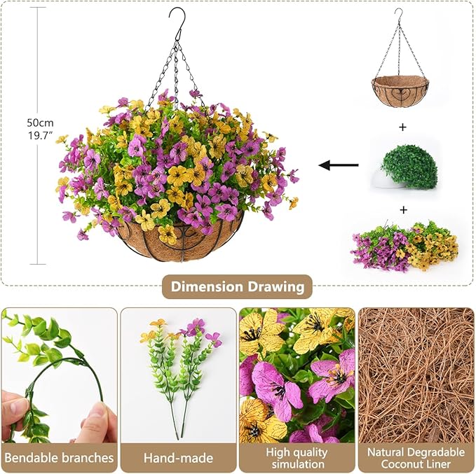 ZFProcess Artificial Faux Hanging Plants Flowers Basket for Spring Outdoor Decoration, Fake Silk Daisy in Planter Realistic UV Resistant Look Real for Porch Home Patio Balcony Yard(Purple Yellow)