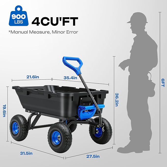 Autodaya 900LB Garden Dump Cart, 2026 Upgraded Heavy Duty Wheelbarrow Cart with 10" Non-Slip Pneumatic Tires & Quick-Release System, 4-Wheel Steel Frame Wagon for Transportation in Yard, Farm, Garden