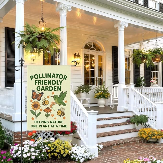 Pollinator Friendly Garden One Plant at A Time Garden Flag, 12 x 18 Inch Double Sided Butterfly Hummingbird Outdoor Yard Decor, Wildlife Garden Banner for Pollinator Advocate Nature Lover
