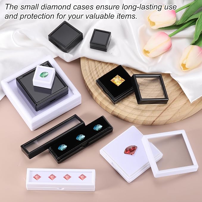MECCANIXITY 6Pcs Gemstone Display Box, 2x2x0.8inch Acrylic Small Diamond Cases Square Jewelry Boxes Container with Sponge Cushions Clear Lids for Gems Coins Ring Crystal, White
