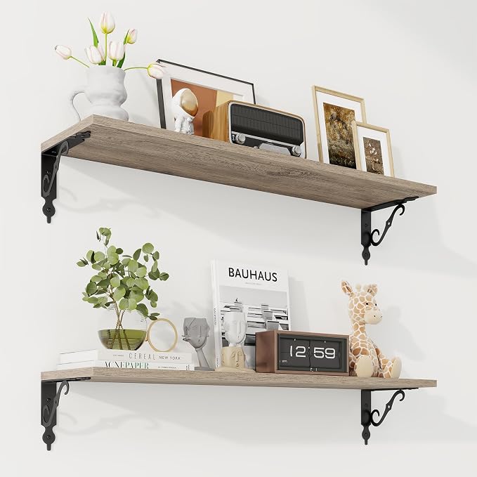RICHFOCUS Floating Shelves for Wall Decor, 31.5W x 8D Shelves Set of 2, 8" Deep Rustic Wood Floating Shelves Wall Mounted with Metal Brackets, Shelves for Living Room Bedroom Kitchen, Grey