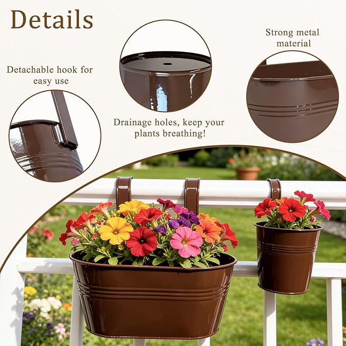 Pack of 4 Metal Hanging Planters for Outdoor Plants, 2 Pcs 4" Round Railing Planter & 2 Pcs 10" Oval Fence Flower Pots for Balcony Garden Decor, Chocolate
