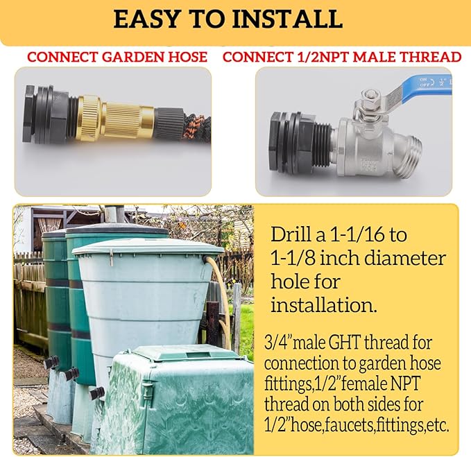 PVC Garden Hose Bulkhead Fitting With Plug, 1/2" Female NPT, 3/4" Male GHT (garden Hose Thread), For Rain Barrels, Aquariums, Sinks，6 Pack……