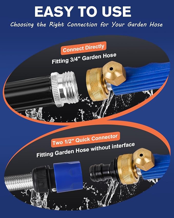 Garden High Pressure Hose Nozzle, Jet Nozzle High Pressure Hose Nozzle Tool Attachment with 2 Different Nozzles, Quick Connect Flexible Wand Lance for Gutter Patio Car Pet Window (Blue)