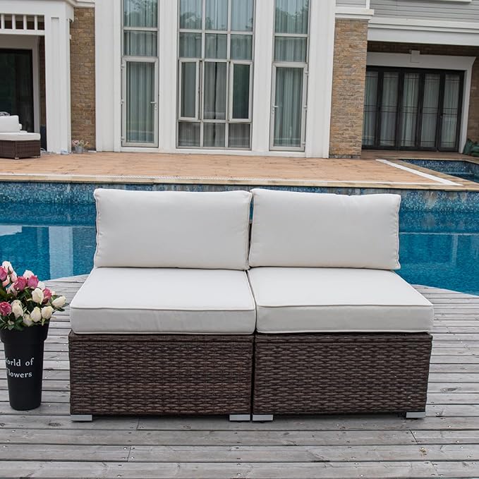 COSIEST 2-Piece Outdoor Furniture Add-on Armless Chairs for Expanding Wicker Sectional Sofa Set w Off White Thick Cushions for Garden, Pool, Backyard