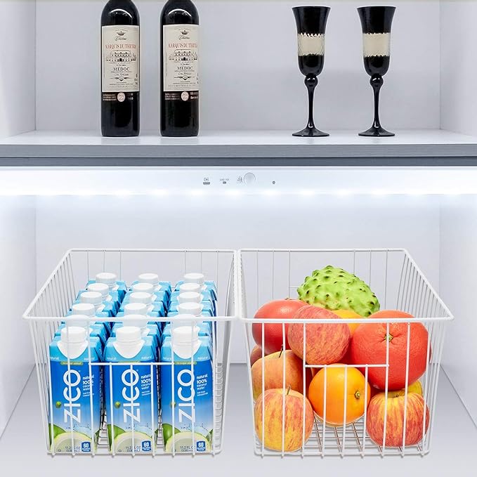16Lx12Wx6H inch Wider Freezer Organizer Baskets Container, Refrigerator Metal Wire Storage Bins with Handles for Kitchen, Pantry, Cabinet, Closets - Pearl White(3 Packs)