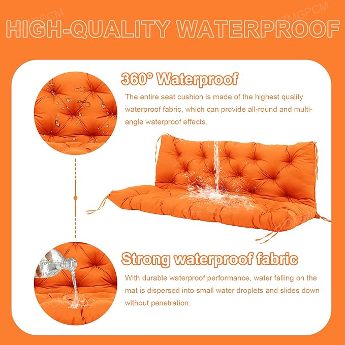 Premium 5" Thick Waterproof Outdoor Swing Cushions Sturdy Durable 2 Seat Replacement Porch Swing Cushions with Backrest&Ties Bench Cushion for Outdoor Furniture Backyard Patio (Orange)
