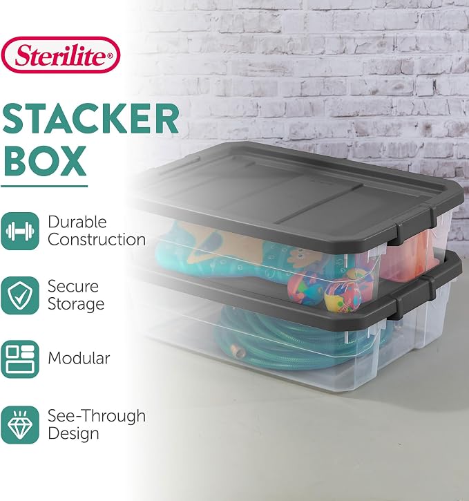 Sterilite 6-Pack Modular Stacker Box, Durable Clear Plastic Storage Bins with Latching Lids, 40 Quart - Stackable Organizing Container Boxes for Closet, Bathroom, and Office
