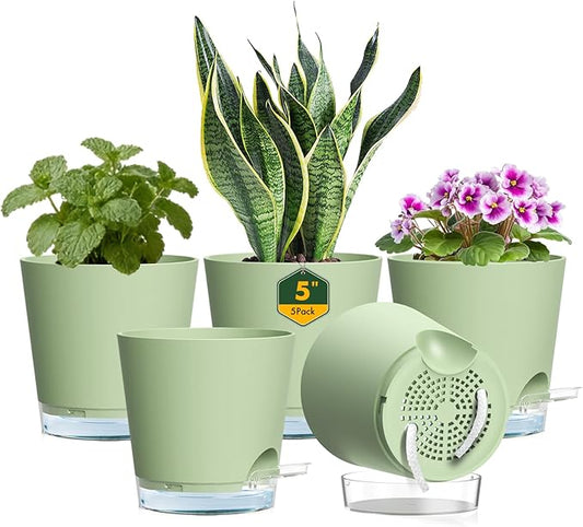Meowell 5 inch Self Watering Flower Pots for Indoor Plants, 5 Pack Small Plant Pots with Drainage Holes & Clear Reservoir for Visible Water Level, Plastic Wicking Planter Pots for House Plants, Green