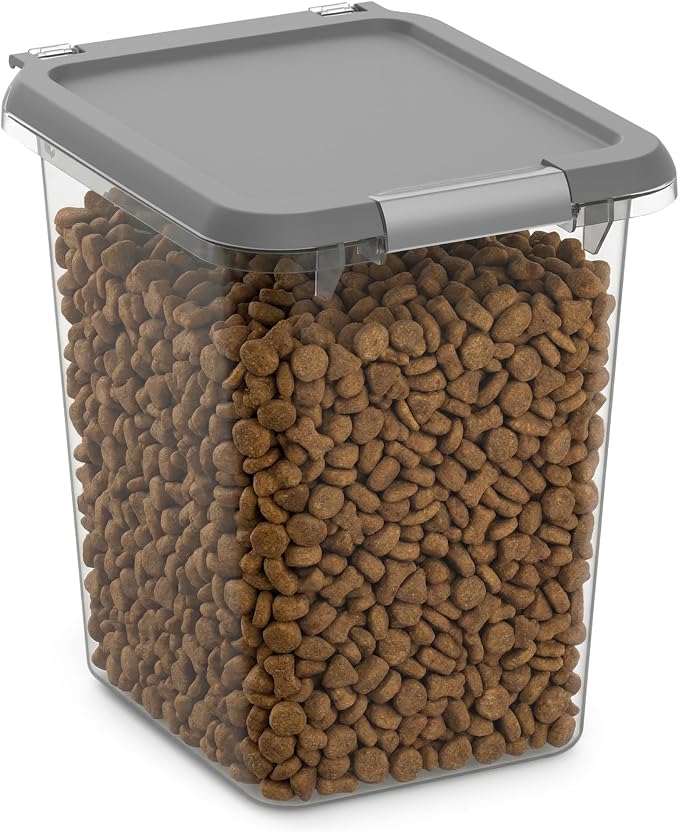 Mighty Tuff 20 lb Pet Food Storage Container with Airtight Lid, Clear | Secure lid clasp helps keep dog and cat food fresh while the clear container simplifies pantry organization.