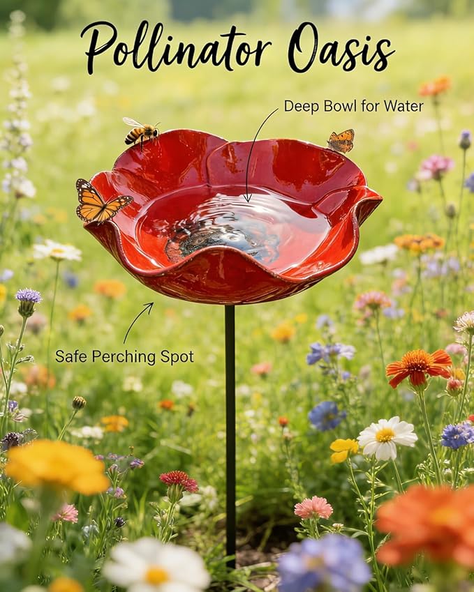 Metal Flower Garden Stakes Bird Bath Bowl, Handmade Resin Hummingbird Bath Cup, Pollinator Watering Station with Tall Fountain, Weather-Resistant Bee Butterfly Puddler Decor for Outdoor Lawn Yard (1)