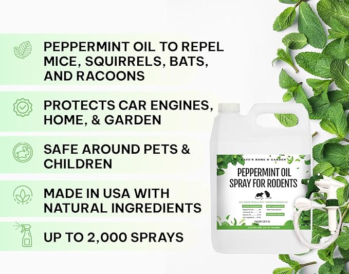 Kate's Home & Garden Peppermint Oil Spray for Rodents, Mice, Squirrels. Rodent Repellent Indoor for Car Engines & Outdoor (1 Gallon, Non Toxic)