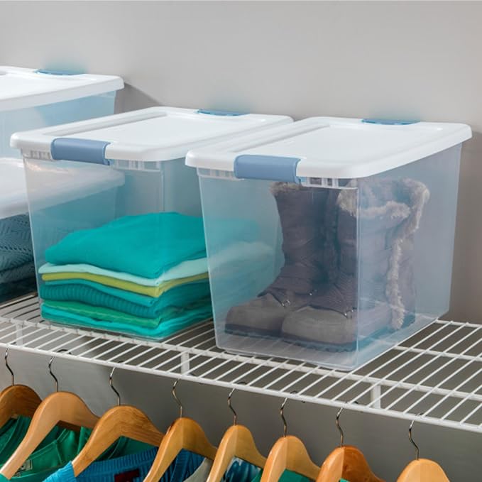 Sterilite 25 Qt Latching Storage Box, Stackable Bin with Latch Lid, Plastic Container to Organize Closet Shelf, Clear with White Lid, 12-Pack | Heavy-Duty and Stackable Plastic Containers with Latches for Closet, Cabinet, Bedroom, Bathroom and Dorm Roo...