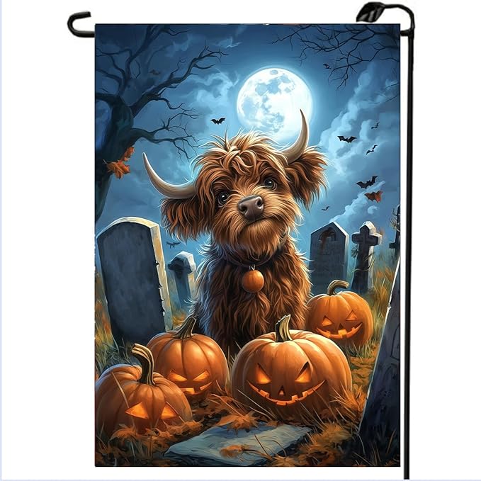 Happy Halloween Garden Flag 12x18 Double Sided, Small Burlap Holiday Graveyard Pumpkin High Cow Garden Flags for Outside Halloween Decorations Outdoor Yard Lawn Porch Décor