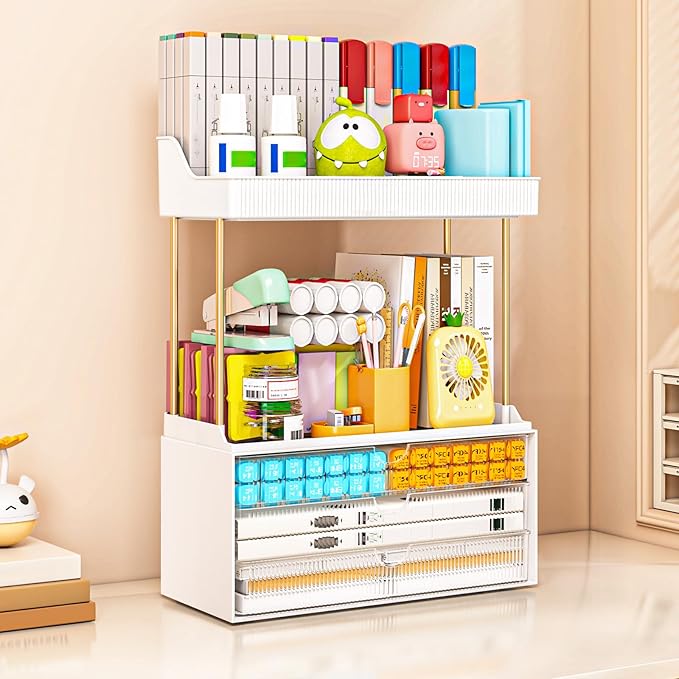 caktraie 2 Sets 5 Tier Acrylic Makeup & Bathroom Vanity Organizer | 2 Set Clear, 3 drawers 2 open shelves, dustproof, wipe clean, for large skincare, perfumes, lipsticks, dresser, counter