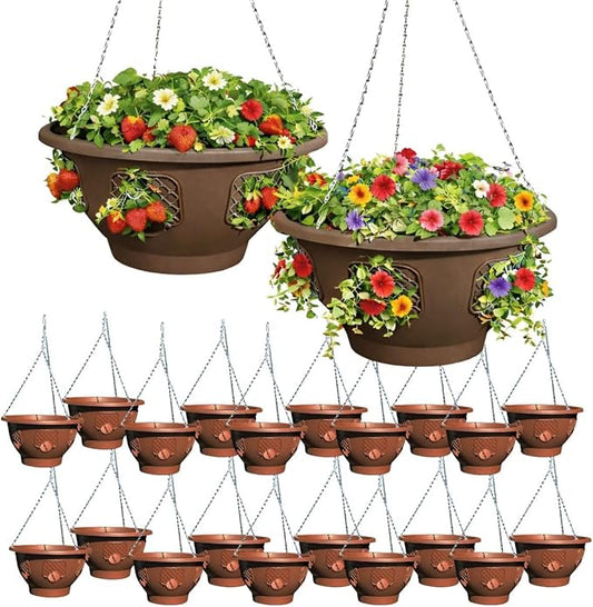 Hanging Planter Basket 20 Pack Bulk, Easy Fill Strawberry Planter, Outdoor Hanging Basket with Side Planting Panels, Durable UV Resistant Planters, Made in USA (20, Mocha)