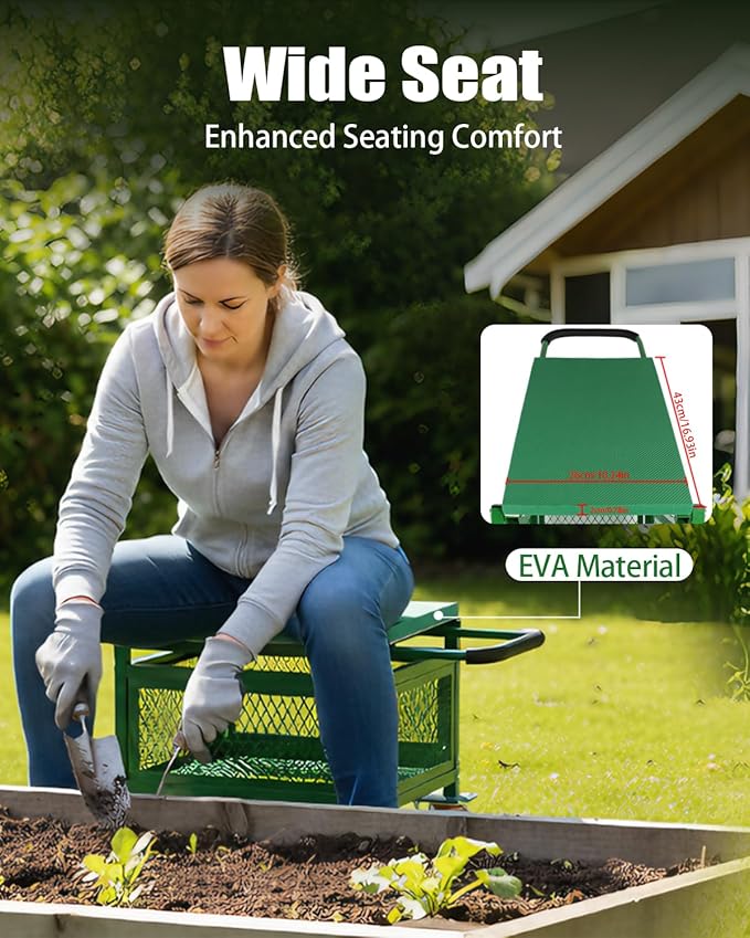 Garden cart with seat and Wheels - Lockable 360 Swivel Wheels & Heavy‑Duty – Foam Handle Grip, Large Mesh Storage Basket – Comfortable Garden Rolling Seat for Seniors, Patio, Lawn & Yard
