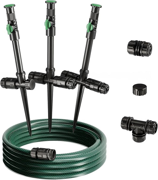 Flexible Sprinkler System, Above Ground DIY Irrigation Kit, Multi-Adjustable Lawn Sprinkler Set, Ideal for Plant and Flower Bed Watering, 30ft Garden Hose Included
