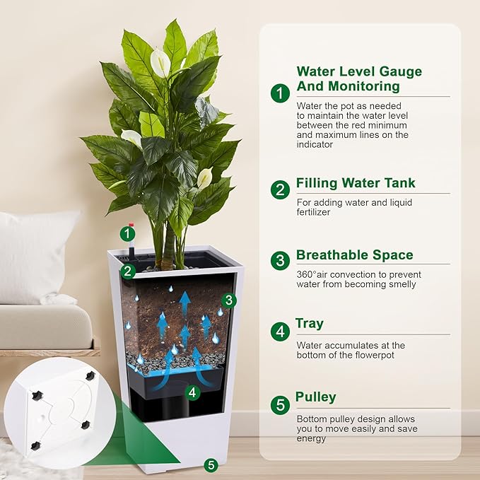 30 Inch Tall Self Watering Planters for Patio, Set of 2 Large Square PP Plastic Planters with Water Reservoir, Modern Floor Standing Self-Watering Pots for Indoor Outdoor Home Garden Decor, Black