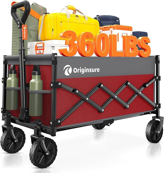 Originsure Collapsible Wagon Cart Foldable - Lightweight Portable Heavy Duty Folding Beach Wagons with Wheels - Outdoor Utility Carts for Grocery, Camping, Shopping with Large Capacity - Grey&Red
