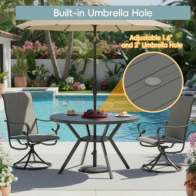 42" Outdoor Patio Table Dining Table, All Weather Metal Round Patio Table with Adjustable Umbrella Hole, Patio Furniture for Lawn Garden Backyard, Grey