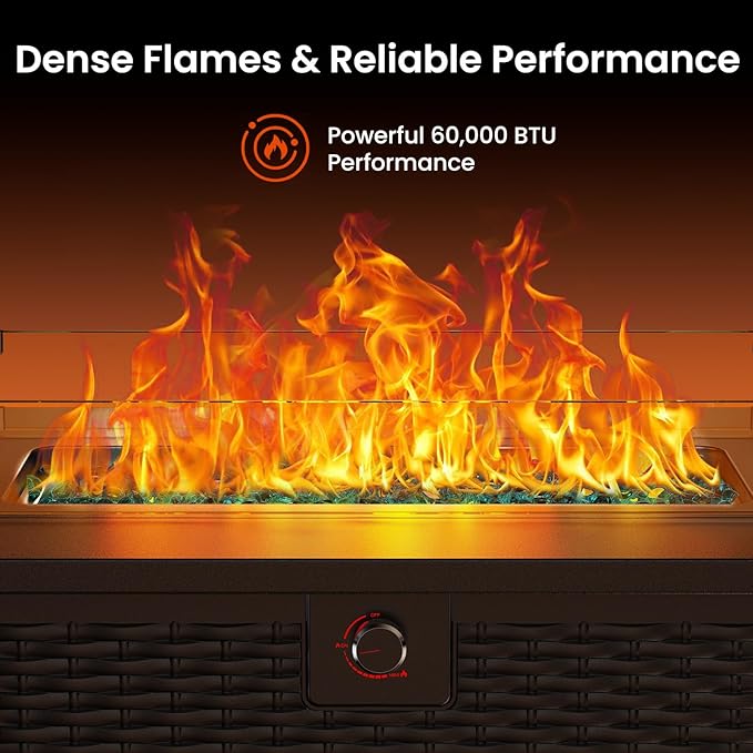 AMADA HOMEFURNISHING 43 Inch Propane Fire Pit Table, 60,000 BTU Gas Fire Pit with Premium Glass Rocks, Wind Guard Glass Shield, Waterproof Cover, Cup Holders, Fire Table for Patio and Garden