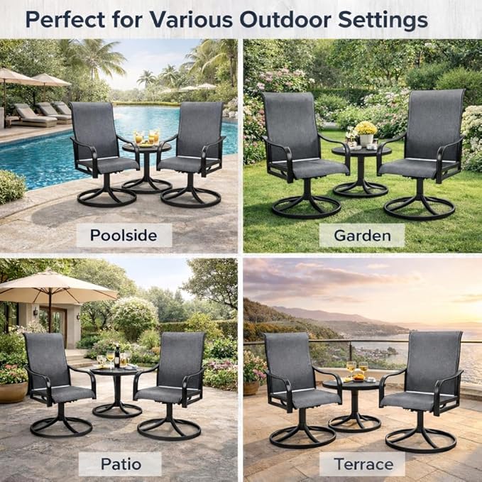 Kozyard Patio Swivel Dining Chairs Set of 2, 360 Swivel Rock Chairs Textilene High Back and Wrought Iron Frame for Poolside Backyard Deck Lawn Garden (Gray, Swivel)