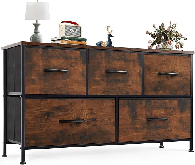 OLIXIS 5 Drawer Dresser for Bedroom, Wide Fabric Storage Tower, Brown