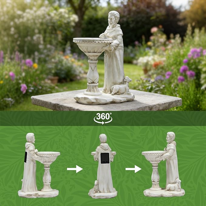 Sheaifun St Francis Garden Statue Outdoor Solar Garden Decor Resin 10.5 Inch Tall Colorful Lights St Francis Statue with Bird Bath Feeder for Yard Patio Lawn Decoration Religious Gardening Gifts