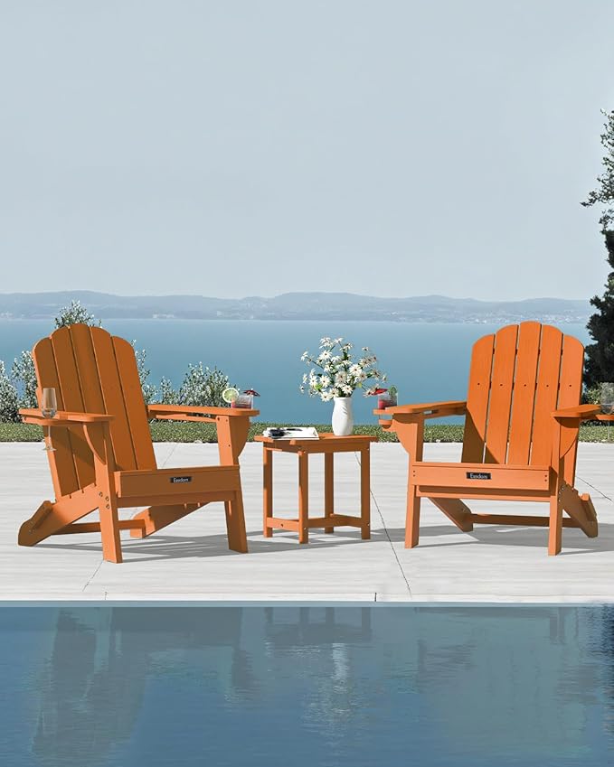 Adirondack Chairs Set of 2, HDPE Material Fire Pit Chairs, Plastic Adirondack Chairs with 2 Cup Holder, Outdoor Lawn Chair for Patio Garden, Orange