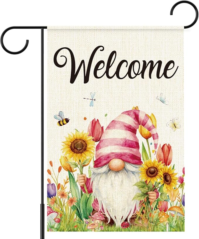 Welcome Flags for Outside,Spring Floral Gnome Garden Flag for Yard Patio Lawn Decoration,12x18 Inch Double Sided