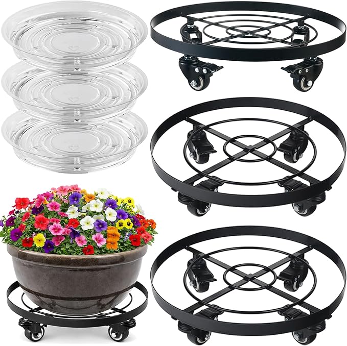 3 Packs 12.6 Inch Large Metal Plant Caddy with Wheels Plant Dolly with Casters Heavy-duty Rolling Wheeled Plant Stand for Indoor Outdoor Flower Pot Mover Rollers Coasters Black, Strong Load Capacity