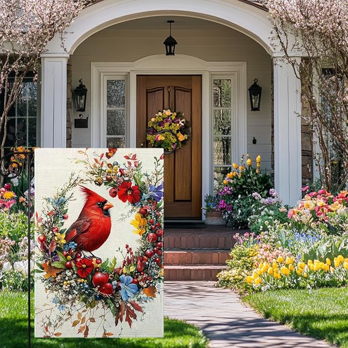 Spring Summer Cardinal Bird Garden Flag 12x18 Inch Double Sided, Floral Welcome Yard Decor, Farmhouse Outdoor Flag
