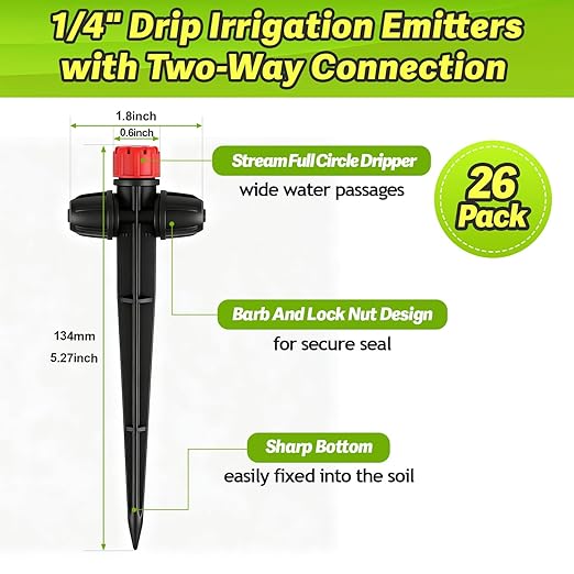26pcs Two-Way Drip Emitters for 1/4" Irrigation Tubing, Easy Connect Adjustable 360 Degree Water Flow Drip Sprayer On 5" Stake for 4/7mm Tube Locked Irrigation Drippers for Garden Flower