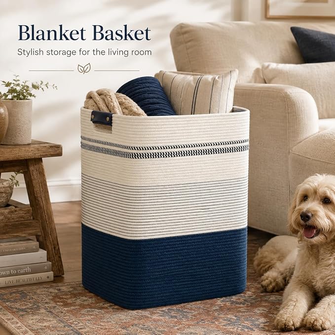 Laundry Hamper, Cotton Rope Laundry Basket with Leather Handles, 21.1-Gallon/80 L Large Clothes Hampers for Laundry, Woven Laundry Baskets for Blankets, Clothing, Bedroom, Living Room, Nursery