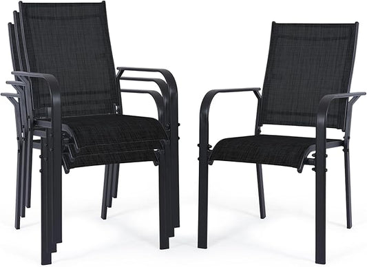 Patio Chairs Set of 4, Outdoor Dining Chairs, High Back Wide Seat with All Weather Breathable Textilene, for Lawn Garden Backyard, Black