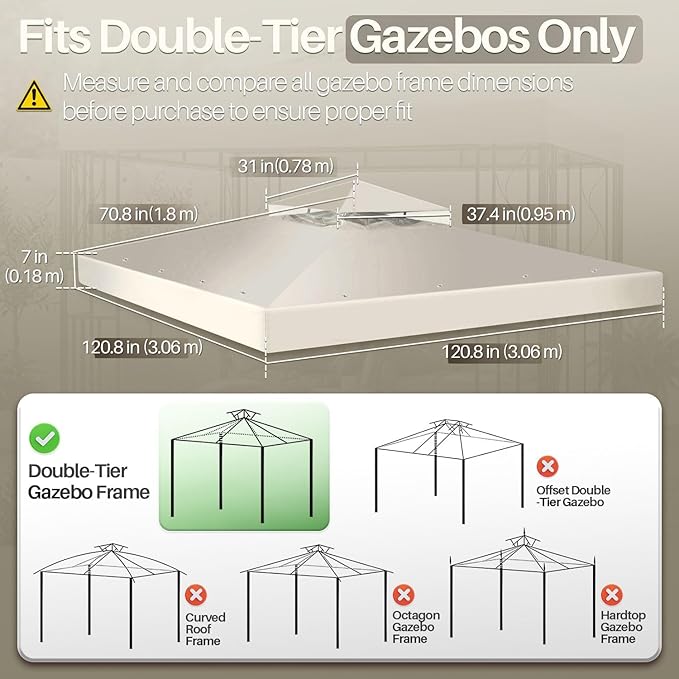 Flexzion Gazebo Cover Replacement Canopy Top 10x10 Ft (3m x 3m) - Double Tier Top Canopy Cover Replacement with UV30+, Dirt, Water Resistant for Outdoor, Sunshade, Garden, Patio, Pavilion (Ivory)
