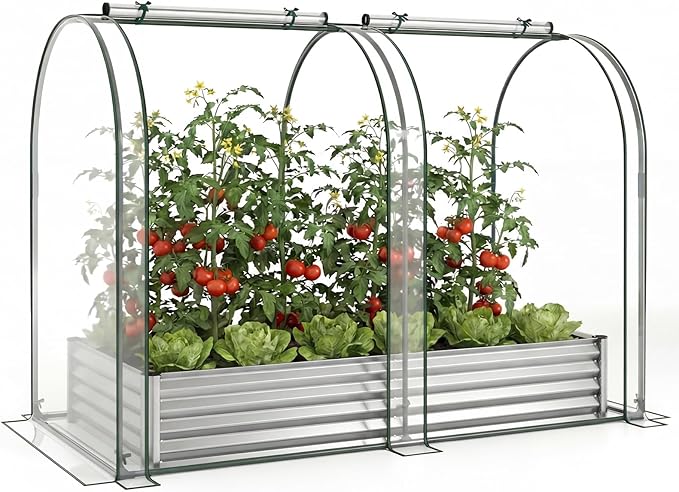 Giantex Galvanized Raised Garden Bed with Greenhouse Cover, 6x3x1 FT Outdoor Metal Oval Tall Planter Box with 2 Roll-up Windows, Clear PVC Mini Greenhouse for Vegetables Flowers Herbs Patio (Silver)