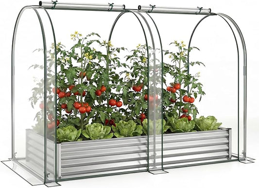Giantex Galvanized Raised Garden Bed with Greenhouse Cover, 6x3x1 FT Outdoor Metal Oval Tall Planter Box with 2 Roll-up Windows, Clear PVC Mini Greenhouse for Vegetables Flowers Herbs Patio (Silver)