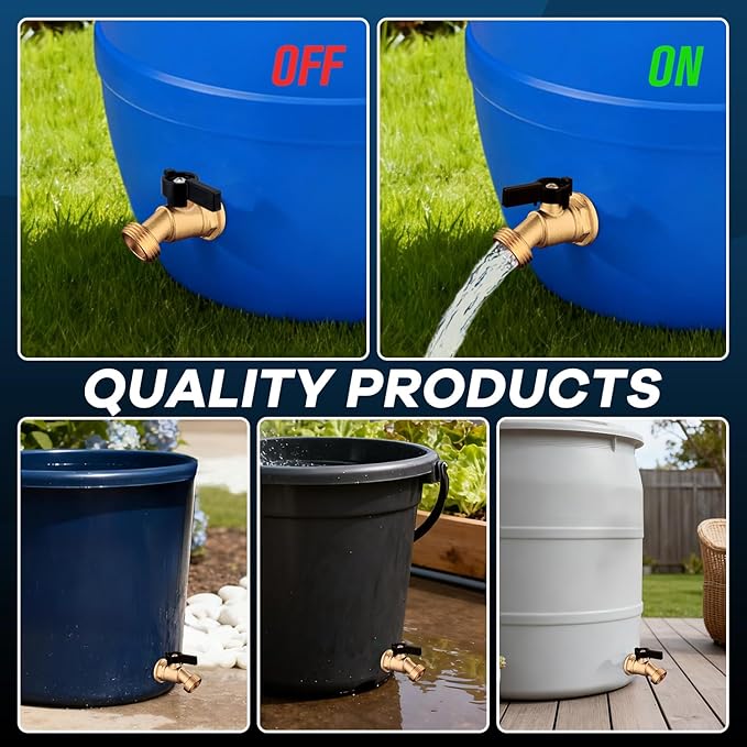 Rain Barrel Spigot Kit 3/4" GHT Slid Brass Water Barrel Spigot,Leakproof Garden Hose Connector Bulkhead Fitting with Drain Valve for Buckets and Rain Barrels DIY Kit