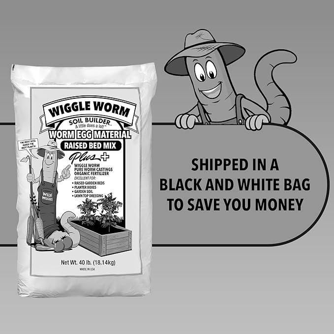 Wiggle Worm Raised Bed Mix, 40lbs - Organic Soil and Fertilizer for Container Gardening - Worm Egg Material Mixed with Odor Free Pure Worm Castings
