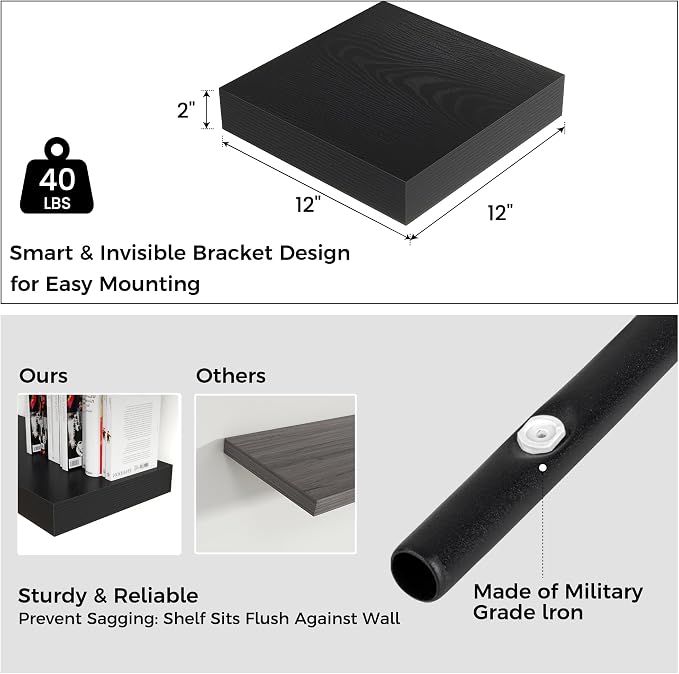 12 Inch Floating Shelves for Wall, Square Storage Shelves, Black Finish