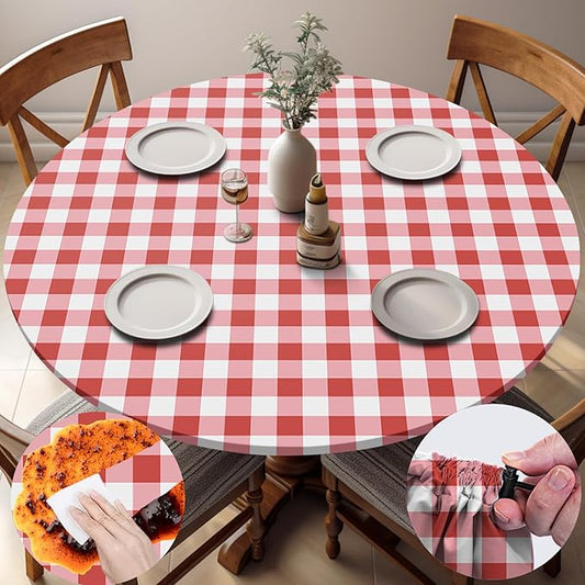 Fitted Round Tablecloth Non Slip Table Cloth Vinyl Inside Outside Circle Cover for 45-54" Tables Dining Kitchen Family Festival Kit Gifts Summer Fall Patio Picnic Glamping Vacation Equipment
