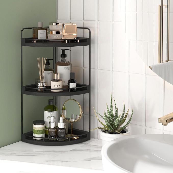 Fixwal 3 Tier Corner Bathroom Countertop Organizer Vanity Wood Shelf Black