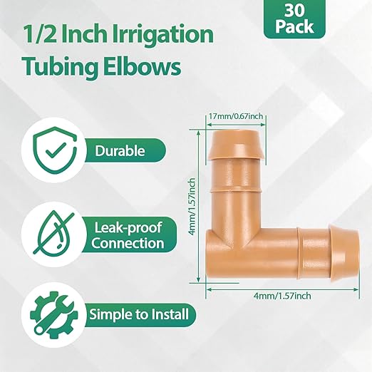 RedChili 30 Pcs 1/2 Inch Irrigation Tubing Elbow Fittings, 1/2" Drip Irrigation Barbed Elbow Connectors Fits 5/8", 1/2", .700" Drip Tubing for Garden Lawn Irrigation System