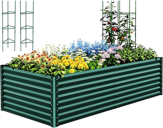 Quictent Galvanized Raised Garden Bed 8x4x2 Ft Tall Metal Planter Box for Vegetables Outdoor Bottomless for Backyard, 2 Tomato Cages Included, 22.04" Deep, Green